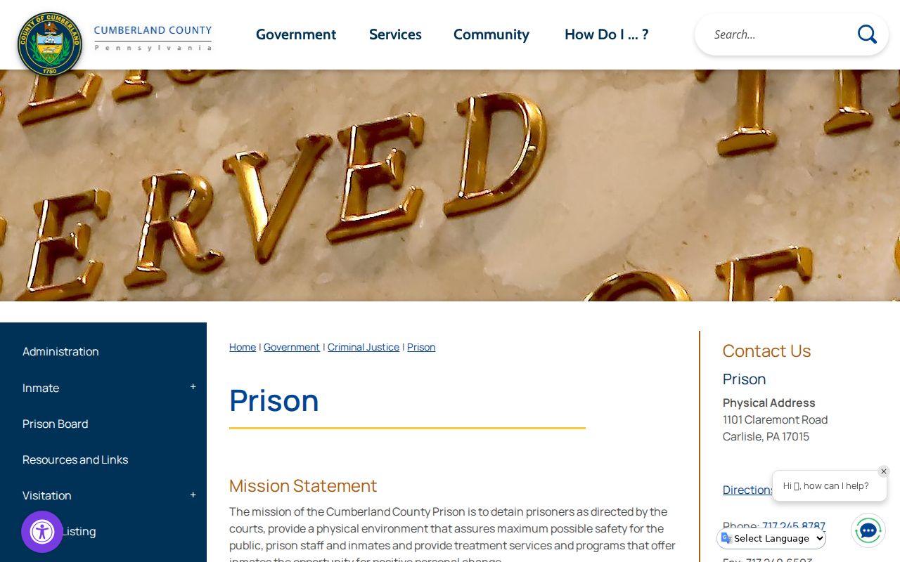 Cumberland County Prison records and booking contact page
