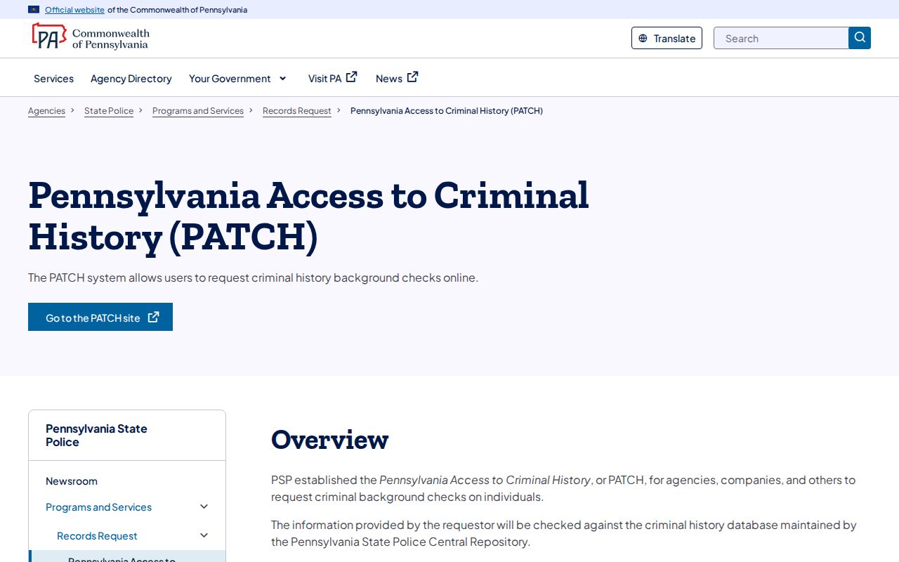 Pennsylvania State Police PATCH criminal history overview
