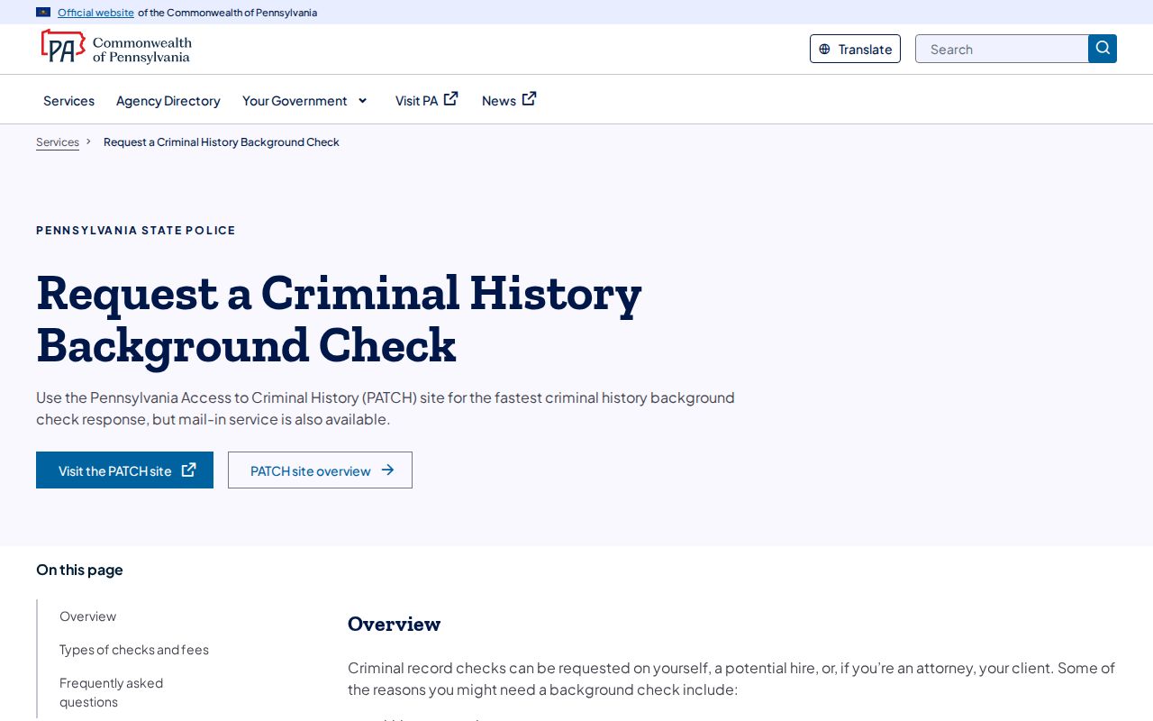Pennsylvania State Police criminal history check options