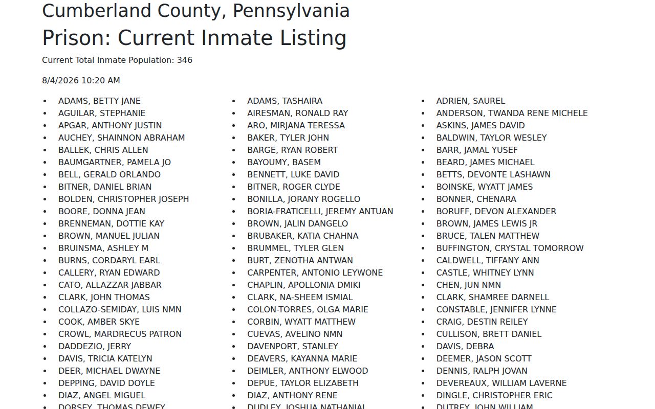 Camp Hill criminal records current Cumberland County inmate listing