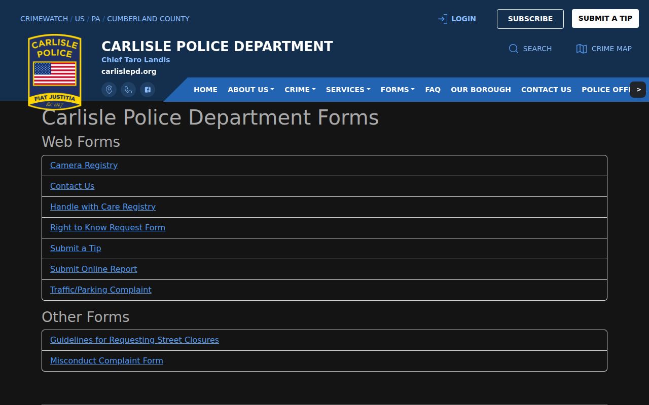 Carlisle criminal records and police forms directory