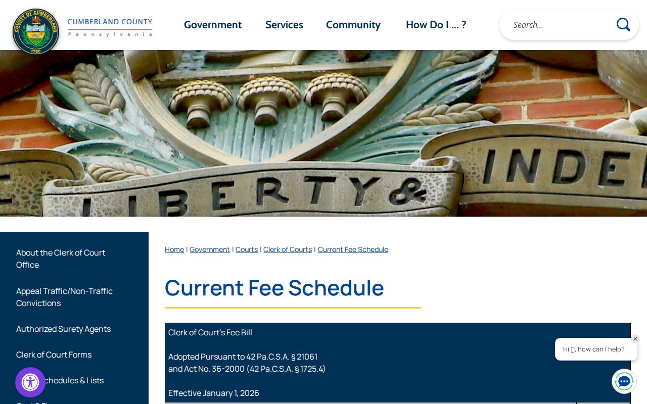 Cumberland County Clerk of Courts 2026 criminal fee schedule