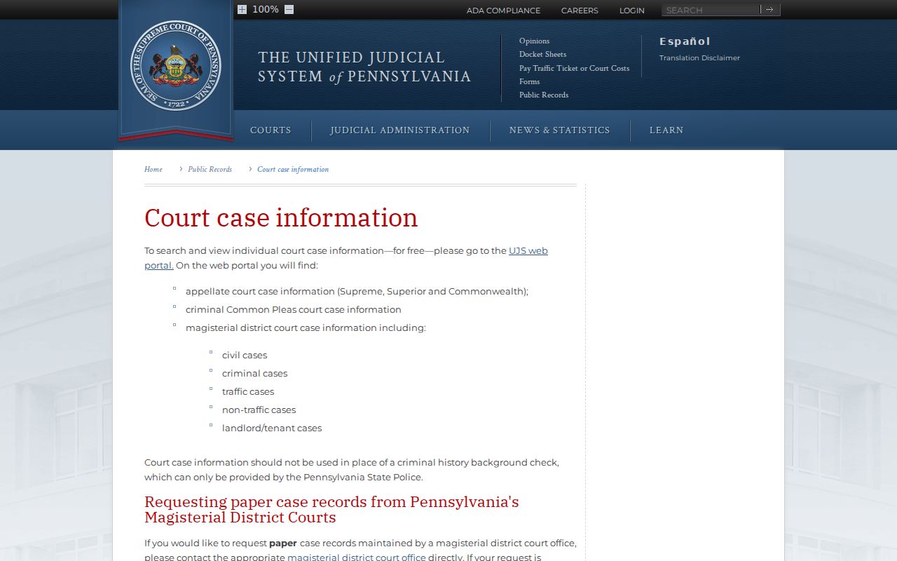 Pennsylvania court case information page for public docket access