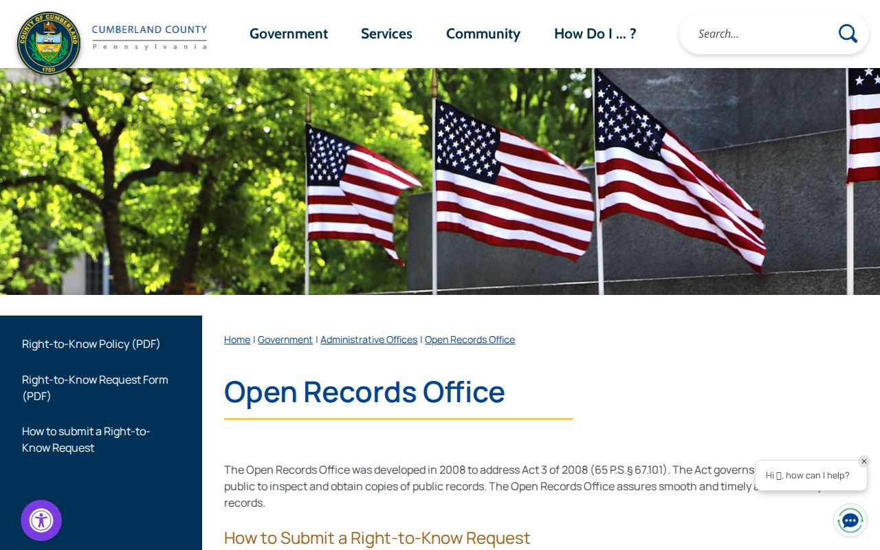 Cumberland County Open Records Office request page