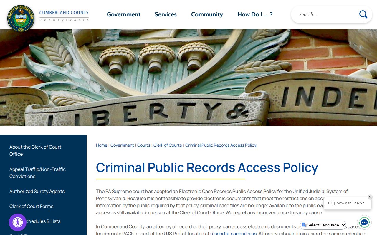 Cumberland County criminal public records access policy