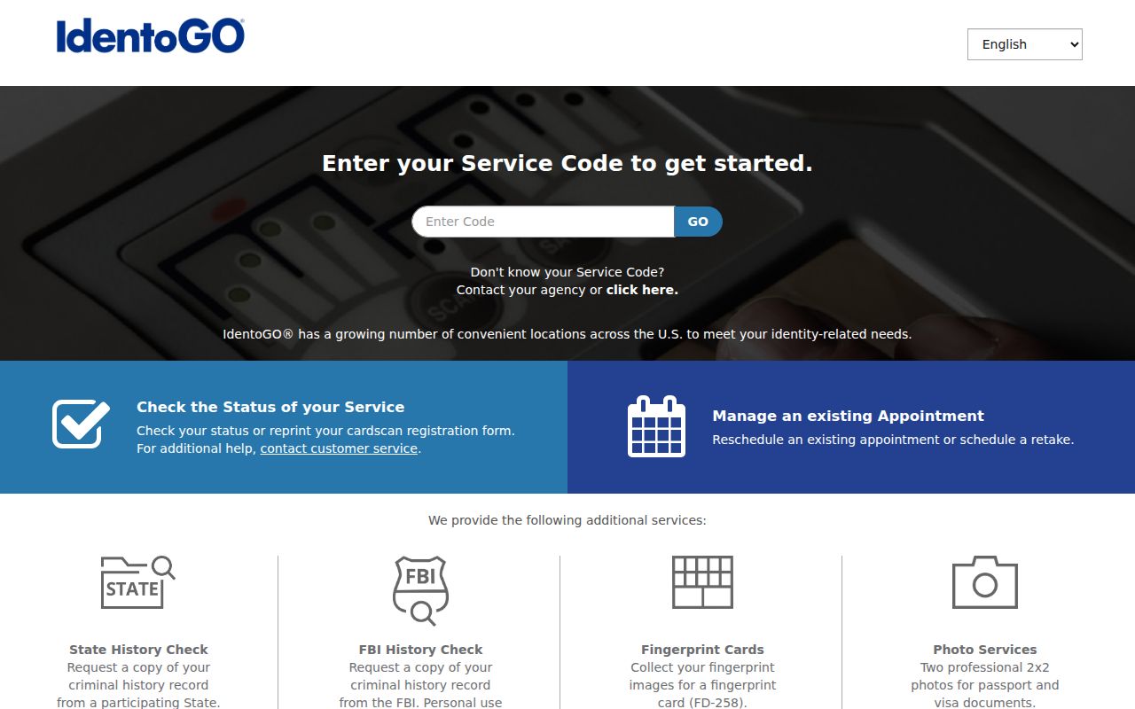 IdentoGO fingerprint enrollment page for Pennsylvania checks