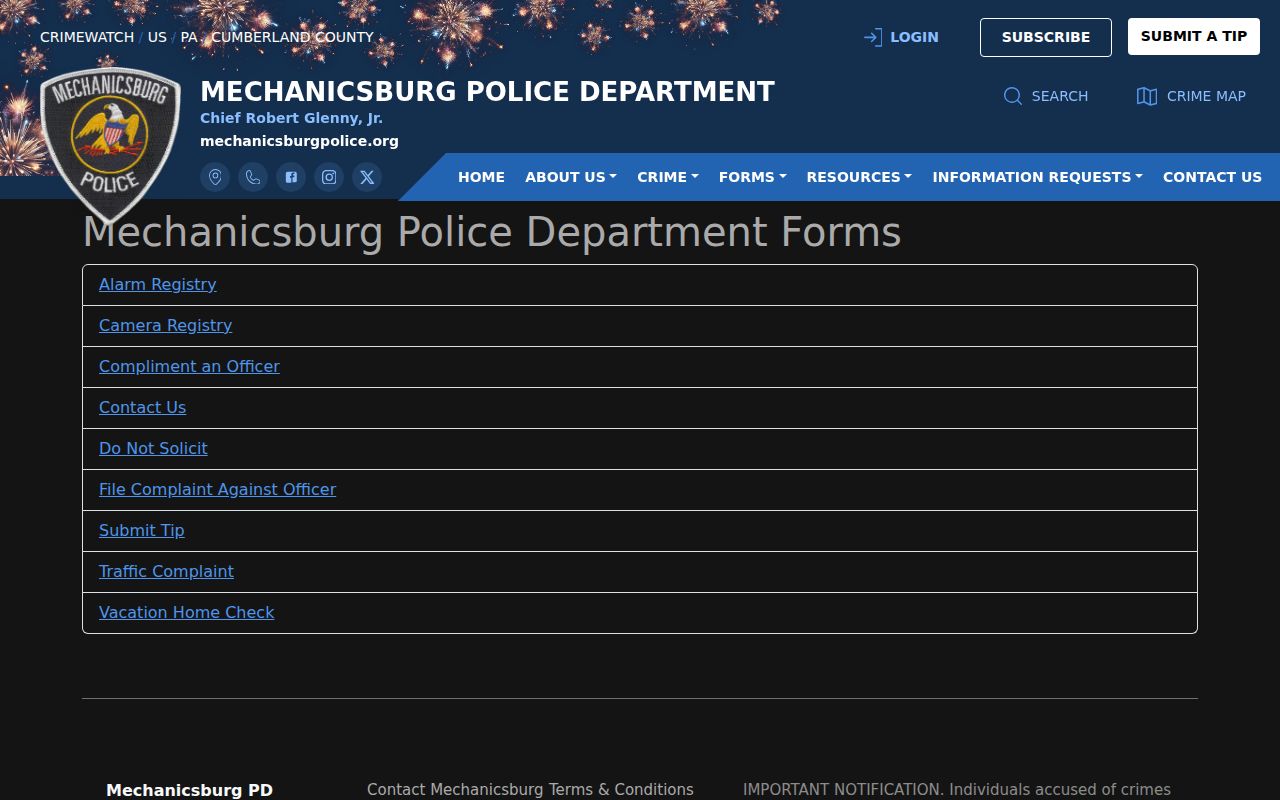 Mechanicsburg criminal records police forms directory