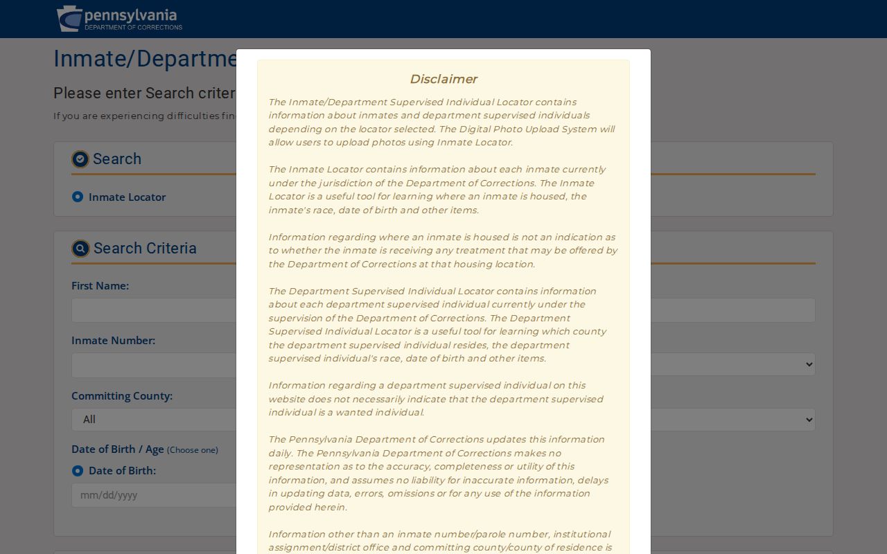 Cumberland County offender records in the PA DOC inmate and parolee locator